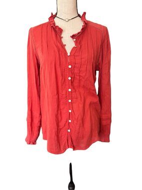Faherty Willa Organic Cotton Ruffle Blouse Medium Coral Red Button Front Boho